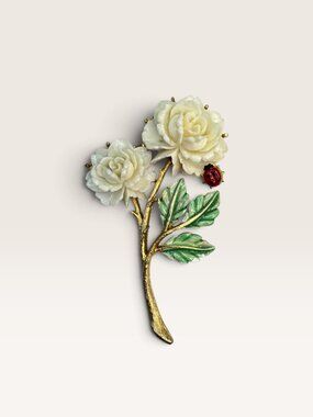 JJ Vintage 1970s Carved White Rose Ladybug Green Enamel Brooch Pin 2.46"